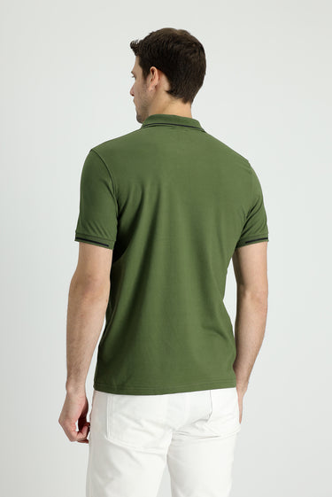 Orta Haki Polo Yaka Slim Fit Dar Kesim Fermuarlı Baskılı Pamuklu Tişört