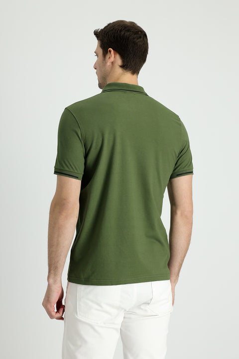 Medium Khaki Polo Collar Slim Fit Narrow Cut Zip-Up Printed Cotton T-Shirt