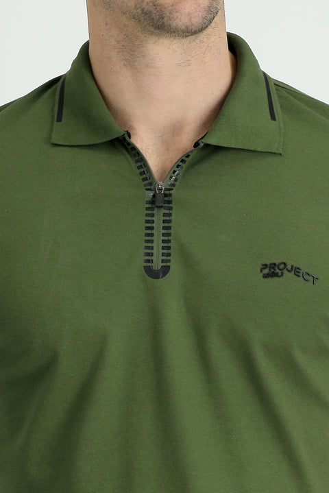 Medium Khaki Polo Collar Slim Fit Narrow Cut Zip-Up Printed Cotton T-Shirt