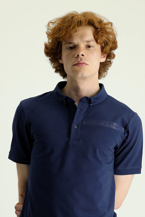 Black and Navy Blue Polo Collar Slim Fit Printed Cotton T-shirt