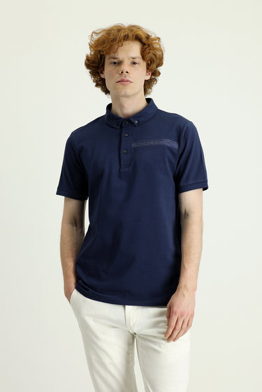 Siyah Lacivert Polo Yaka Slim Fit Dar Kesim Baskılı Pamuklu Tişört
