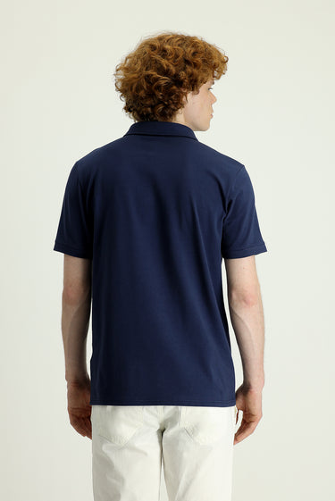 Siyah Lacivert Polo Yaka Slim Fit Dar Kesim Baskılı Pamuklu Tişört