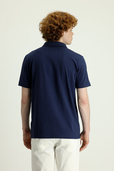 Black and Navy Blue Polo Collar Slim Fit Printed Cotton T-shirt