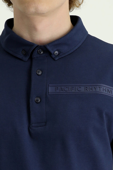 Black and Navy Blue Polo Collar Slim Fit Printed Cotton T-shirt