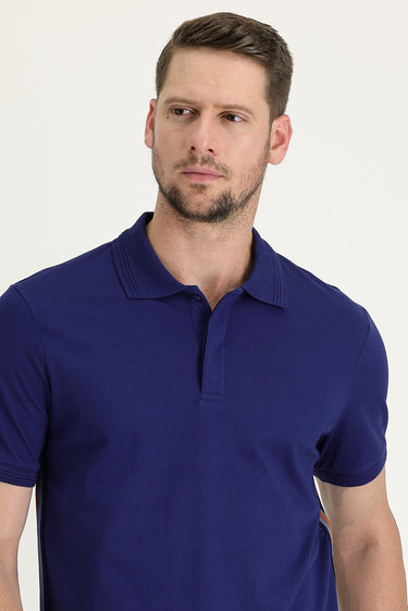 Orta Lacivert Polo Yaka Slim Fit Dar Kesim Desenli Pamuklu Tişört