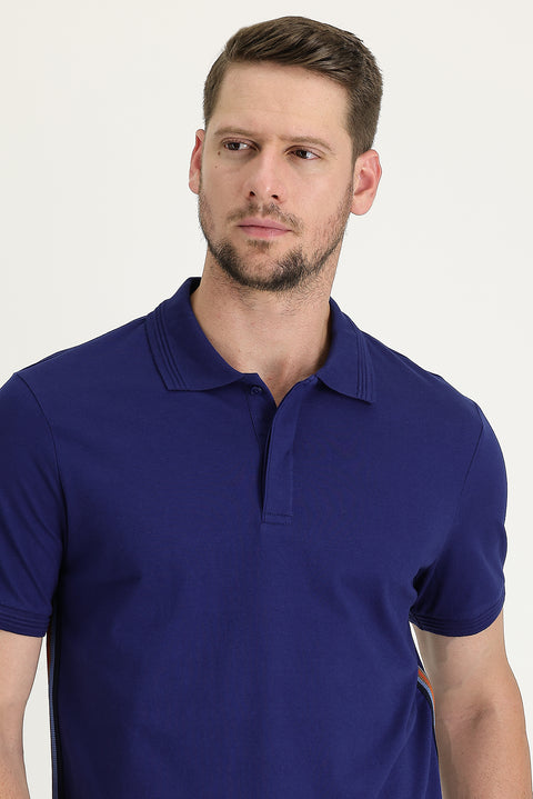 Orta Lacivert Polo Yaka Slim Fit Dar Kesim Desenli Tişört