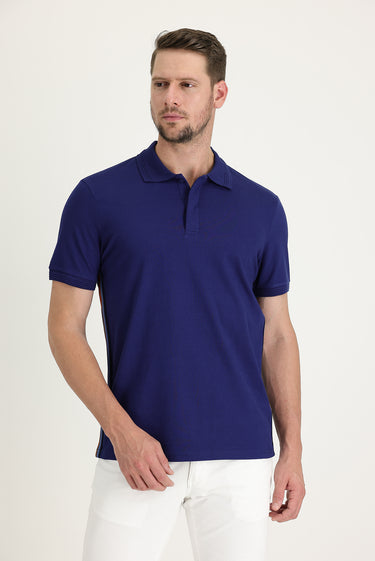Orta Lacivert Polo Yaka Slim Fit Dar Kesim Desenli Pamuklu Tişört