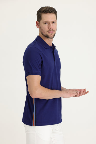 Orta Lacivert Polo Yaka Slim Fit Dar Kesim Desenli Pamuklu Tişört