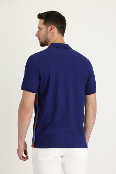 Orta Lacivert Polo Yaka Slim Fit Dar Kesim Desenli Pamuklu Tişört