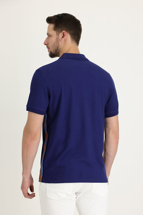 Orta Lacivert Polo Yaka Slim Fit Dar Kesim Desenli Tişört