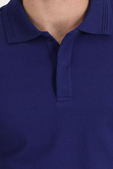 Orta Lacivert Polo Yaka Slim Fit Dar Kesim Desenli Pamuklu Tişört