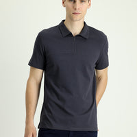 Siyah Polo Yaka Slim Fit Dar Kesim Fermuarlı Pamuklu Tişört