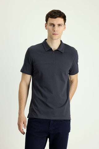  Siyah Polo Yaka Slim Fit Dar Kesim Fermuarlı Pamuklu Tişört