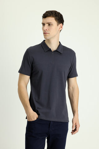  Siyah Polo Yaka Slim Fit Dar Kesim Fermuarlı Pamuklu Tişört
