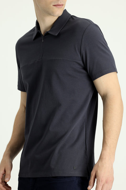 Siyah Polo Yaka Slim Fit Dar Kesim Fermuarlı Tişört