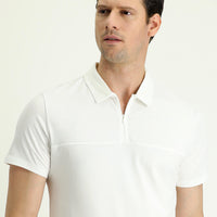 Kırık Beyaz Polo Yaka Slim Fit Dar Kesim Fermuarlı Pamuklu Tişört