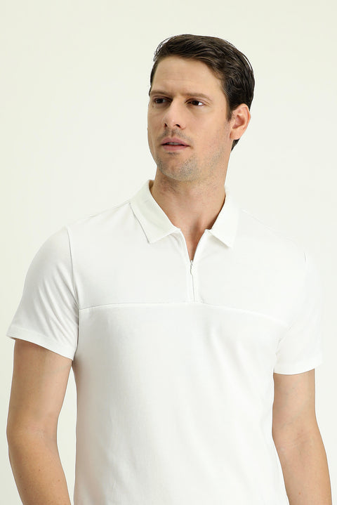 Kırık Beyaz Polo Yaka Slim Fit Dar Kesim Fermuarlı Pamuklu Tişört