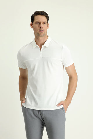  Kırık Beyaz Polo Yaka Slim Fit Dar Kesim Fermuarlı Pamuklu Tişört