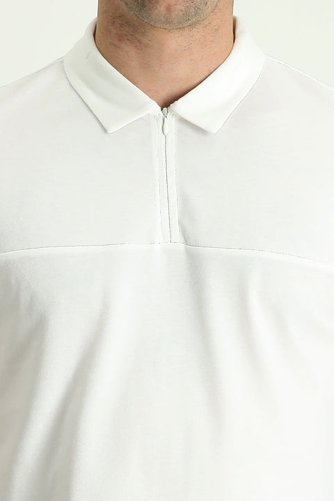 Kırık Beyaz Polo Yaka Slim Fit Dar Kesim Fermuarlı Pamuklu Tişört