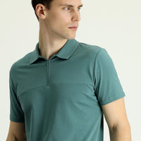 Küf Yeşili Polo Yaka Slim Fit Dar Kesim Fermuarlı Pamuklu Tişört