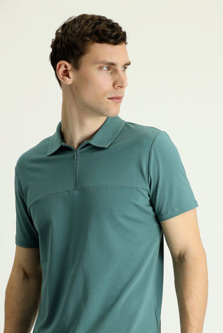  Küf Yeşili Polo Yaka Slim Fit Dar Kesim Fermuarlı Tişört