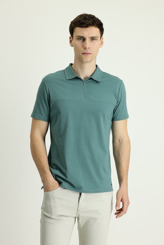  Küf Yeşili Polo Yaka Slim Fit Dar Kesim Fermuarlı Tişört