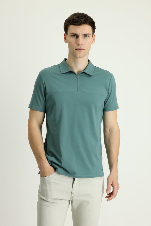 Küf Yeşili Polo Yaka Slim Fit Dar Kesim Fermuarlı Tişört