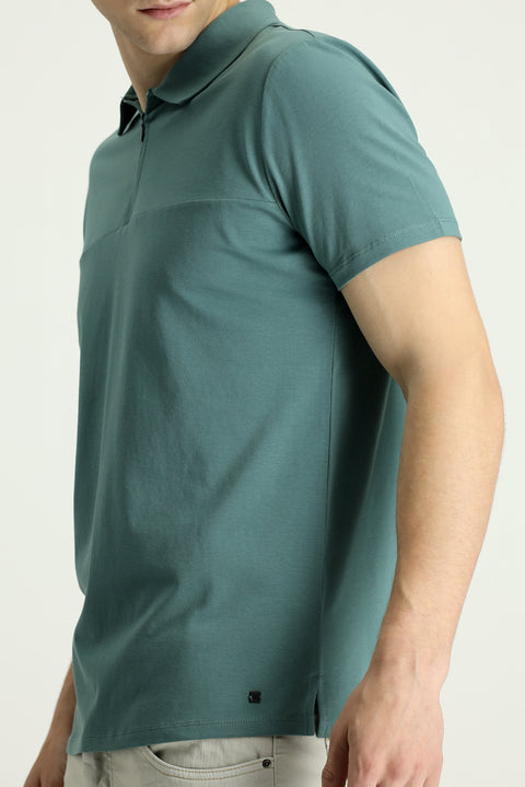 Küf Yeşili Polo Yaka Slim Fit Dar Kesim Fermuarlı Tişört