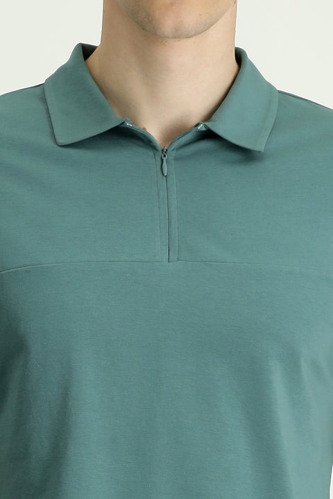 Küf Yeşili Polo Yaka Slim Fit Dar Kesim Fermuarlı Tişört
