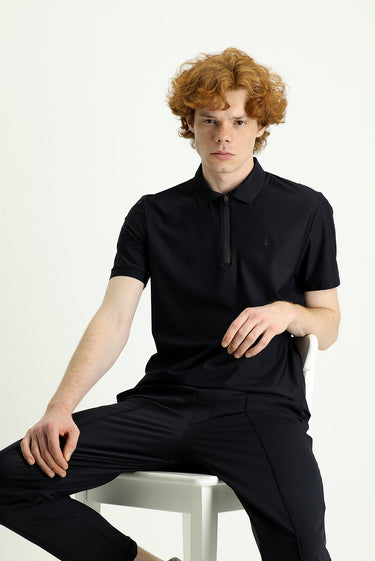 Siyah Techno-Line Polo Yaka Slim Fit Dar Kesim Fermuarlı Tişört