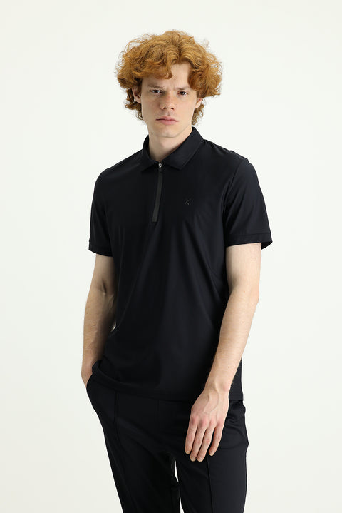 Siyah Techno-Line Polo Yaka Slim Fit Dar Kesim Fermuarlı Tişört