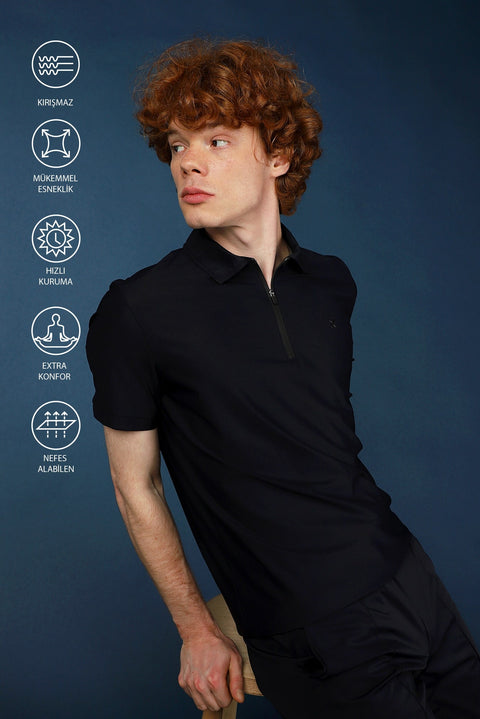 Koyu Lacivert Techno-Line Polo Yaka Slim Fit Dar Kesim Fermuarlı Tişört