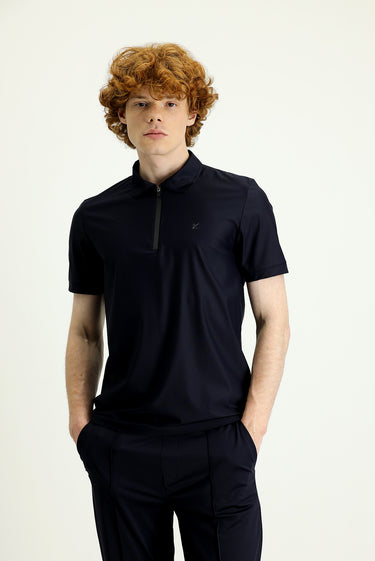 Koyu Lacivert Techno-Line Polo Yaka Slim Fit Dar Kesim Fermuarlı Tişört