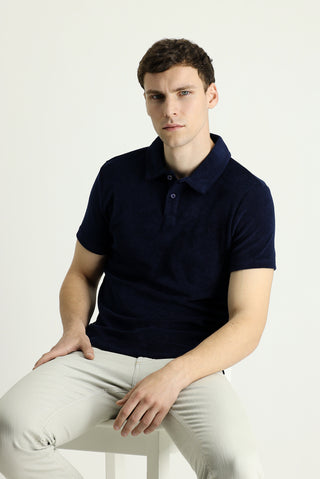  Siyah Lacivert Polo Yaka Slim Fit Dar Kesim Havlu Kumaş Pamuklu Tişört