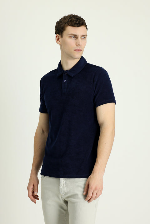 Siyah Lacivert Polo Yaka Slim Fit Dar Kesim Pamuklu Havlu Kumaş Tişört