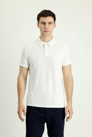 Kırık Beyaz Polo Yaka Slim Fit Dar Kesim Pamuklu Havlu Kumaş Tişört
