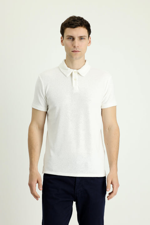 Kırık Beyaz Polo Yaka Slim Fit Dar Kesim Pamuklu Havlu Kumaş Tişört