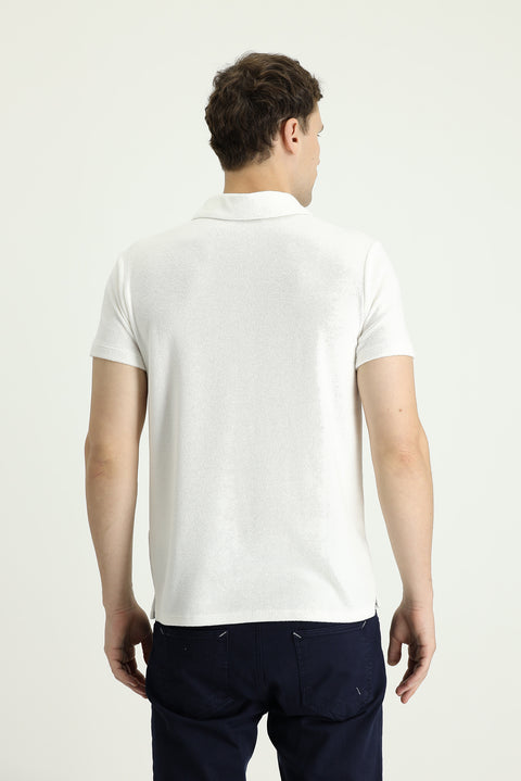 Kırık Beyaz Polo Yaka Slim Fit Dar Kesim Pamuklu Havlu Kumaş Tişört