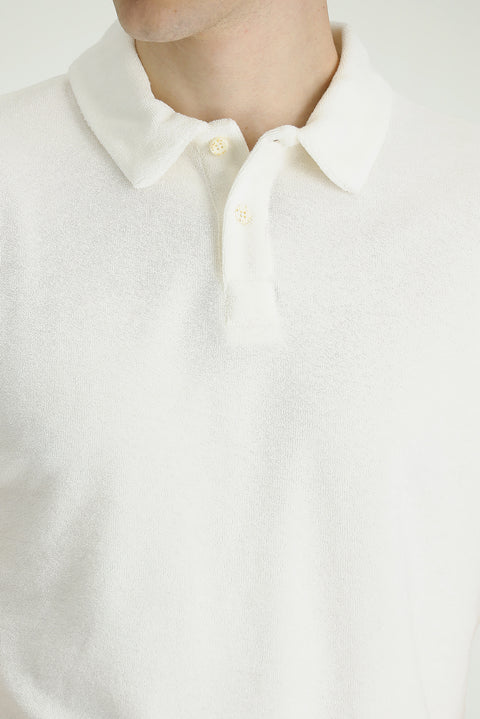 Kırık Beyaz Polo Yaka Slim Fit Dar Kesim Pamuklu Havlu Kumaş Tişört