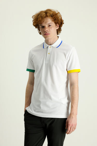  Beyaz Polo Yaka Slim Fit Dar Kesim Desenli Pamuklu Tişört