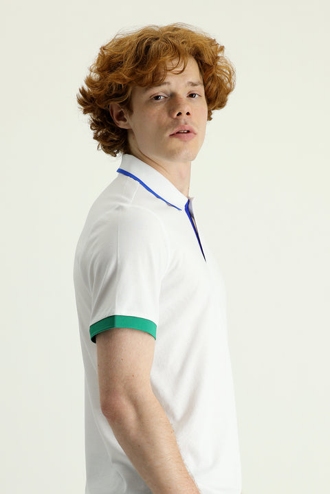 Beyaz Polo Yaka Slim Fit Dar Kesim Desenli Pamuklu Tişört