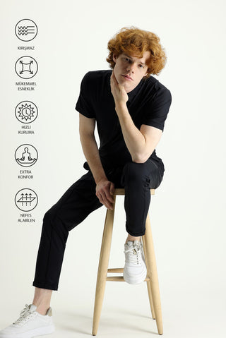  Siyah Techno-Line Slim Fit Dar Kesim Sweatpant / E?ofman Alt?-Ki??l?