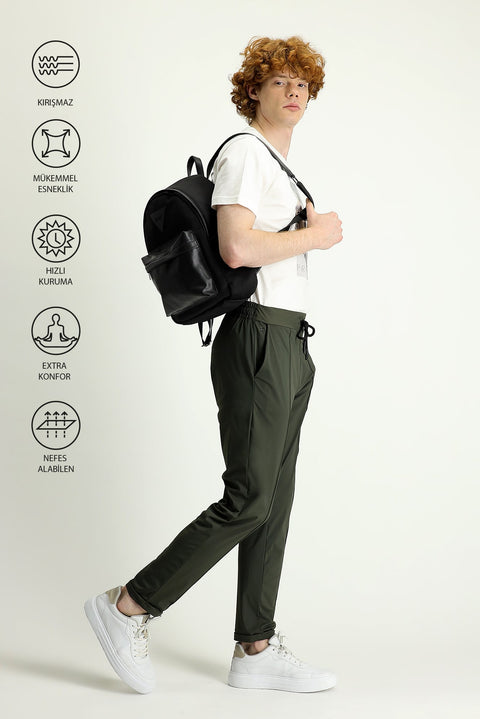 Orta Haki Techno-Line Slim Fit Dar Kesim Sweatpant / Eşofman Altı