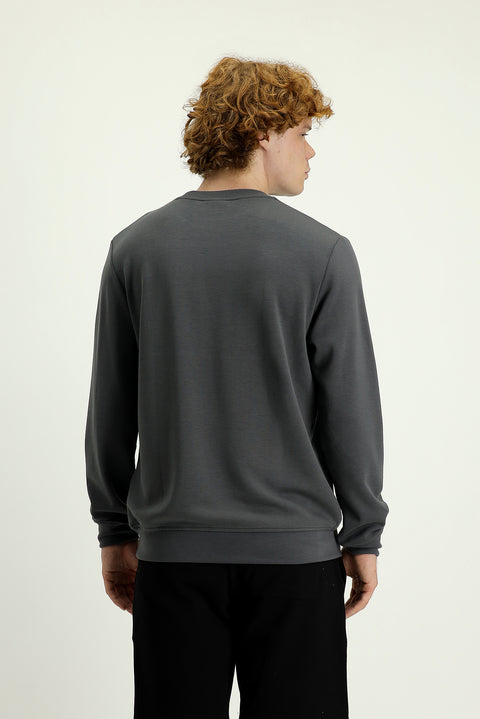 Orta Gri Bisiklet Yaka Slim Fit Dar Kesim Nakışlı Sweatshirt