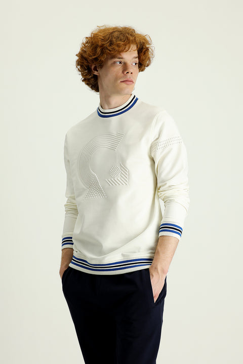 Krem Bisiklet Yaka Slim Fit Dar Kesim Baskılı Pamuklu Sweatshirt