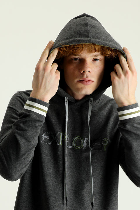 Orta Gri Kapüşonlu Slim Fit Dar Kesim Baskılı Pamuklu Sweatshirt