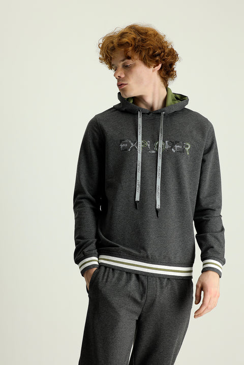 Orta Gri Kapüşonlu Slim Fit Dar Kesim Baskılı Pamuklu Sweatshirt