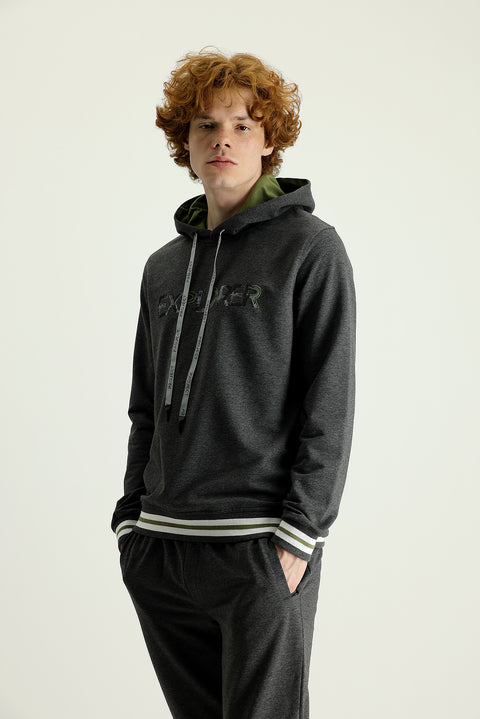 Orta Gri Kapüşonlu Slim Fit Dar Kesim Baskılı Pamuklu Sweatshirt