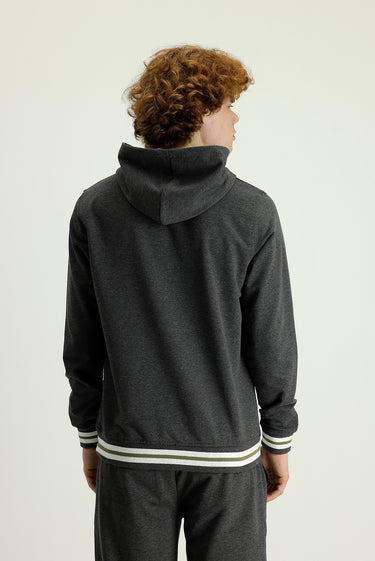 Orta Gri Kapüşonlu Slim Fit Dar Kesim Baskılı Pamuklu Sweatshirt