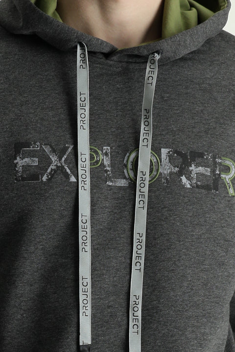 Orta Gri Kapüşonlu Slim Fit Dar Kesim Baskılı Pamuklu Sweatshirt